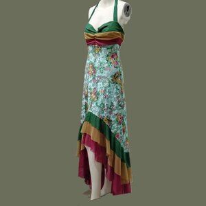 Elegant Floral High-Low Dress in Green and Pink